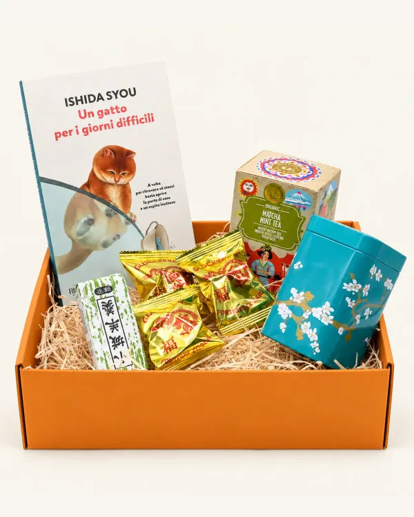 Box arancione con Un gatto per i giorni difficili, tè matcha, latta floreale, incenso e biscotti della fortuna