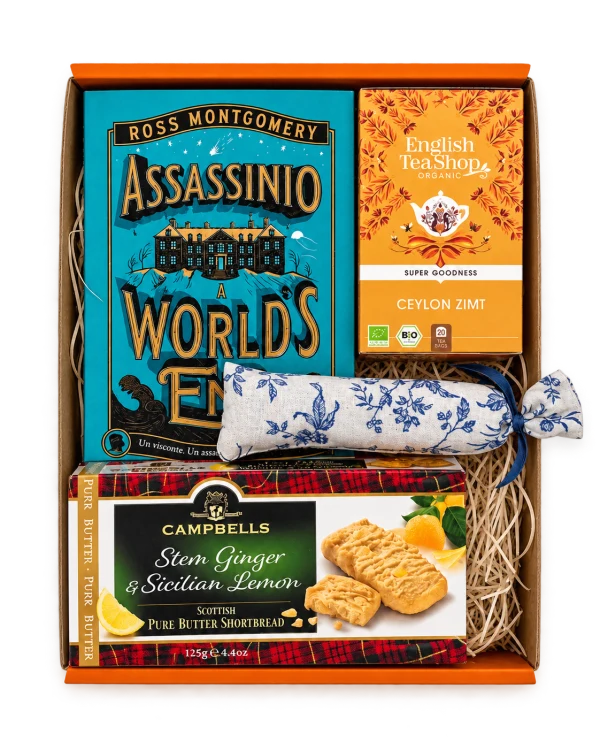 Box aperta con Assassinio a World's End, tè alla cannella, biscotti allo zenzero e limone e sacchetto floreale
