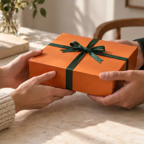 Due mani consegnano una box Bookted arancione chiusa da un nastro verde
