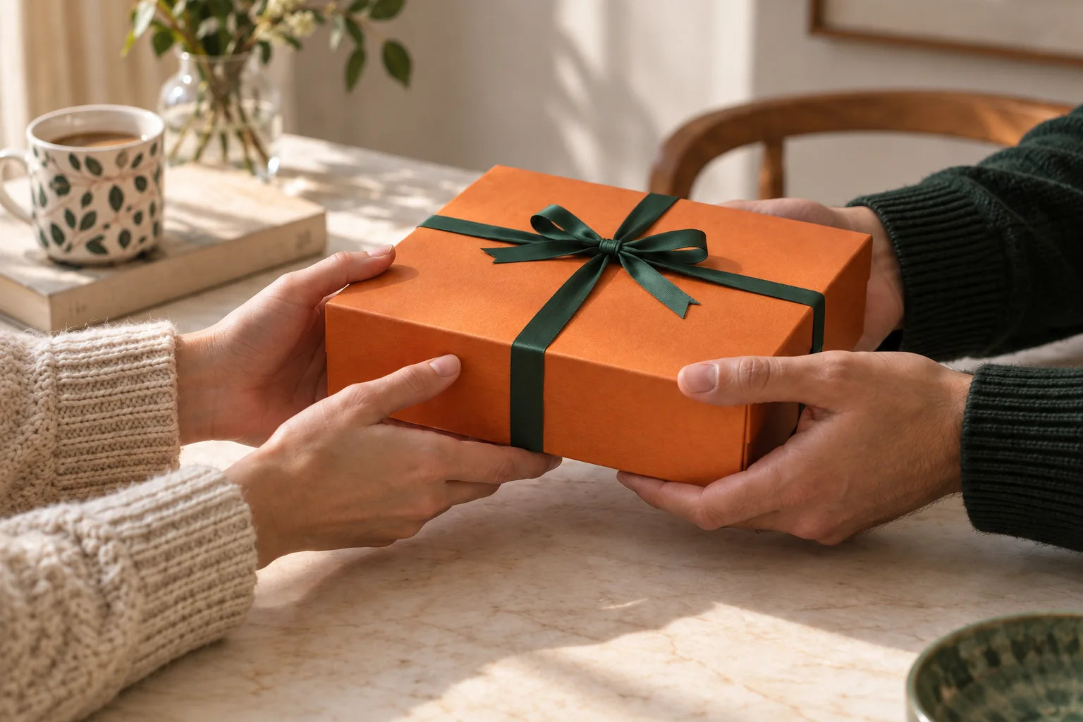 Due mani consegnano una box Bookted arancione chiusa da un nastro verde, su un tavolo con una tazza e un libro