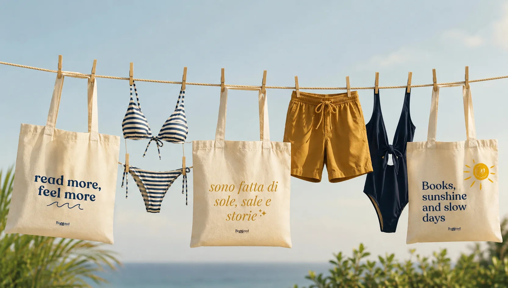 Le tre tote Bookted stese al sole tra costumi e accessori da spiaggia